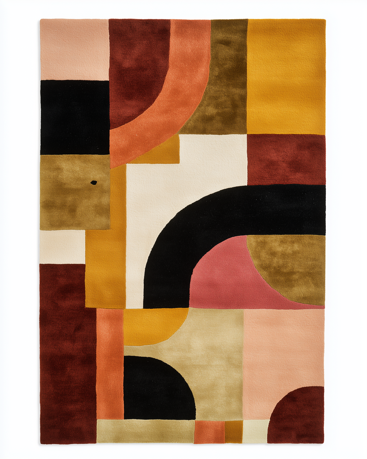 See Me Yet hand-tufted rug with bold abstract blocks in black, orange, and pink with curved arch accents