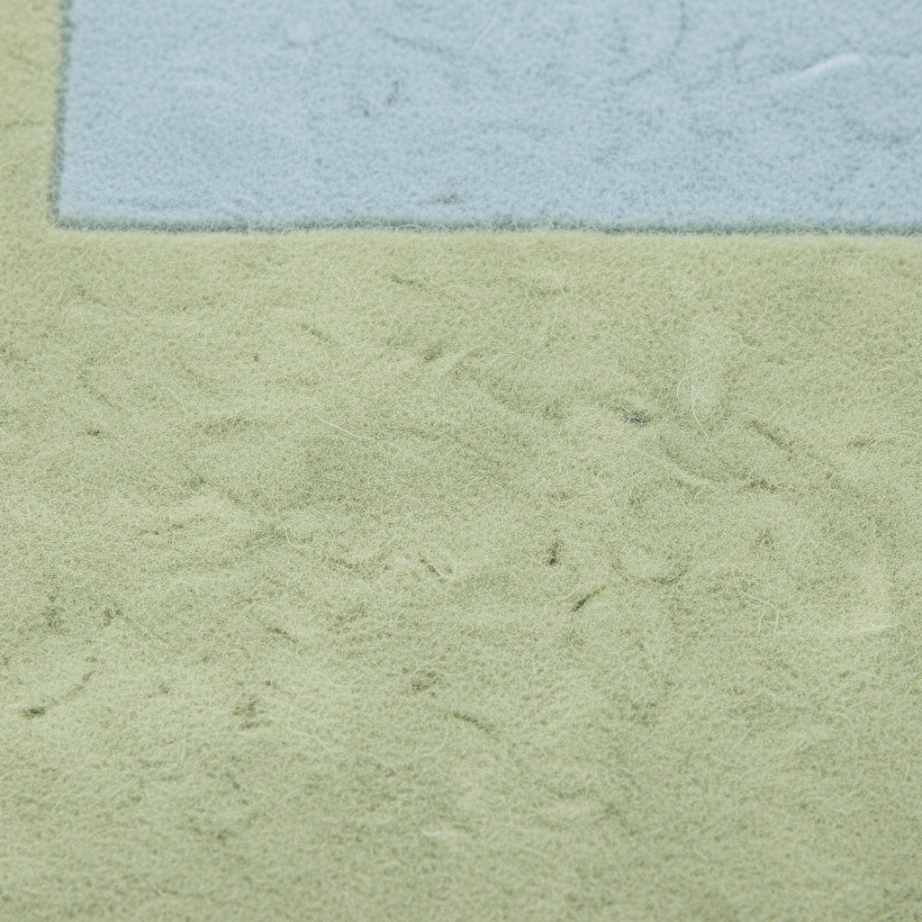Close-up of a textured rug showing a light sage green main field with a pale blue rectangular section in the upper left corner.