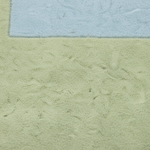 Close-up of a textured rug showing a light sage green main field with a pale blue rectangular section in the upper left corner.