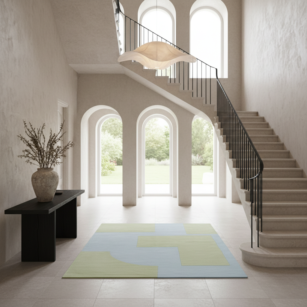 A modern staircase in a bright, minimalist interior with arched windows and a light-colored rug featuring abstract pastel green and blue geometric shapes.