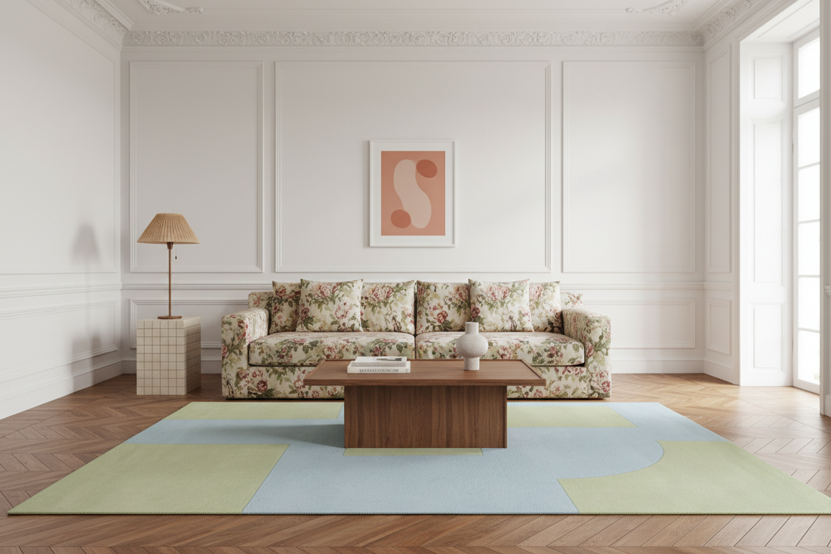 Living room with floral sofa, coffee table, contemporary knotted rug and abstract art on a white wall.