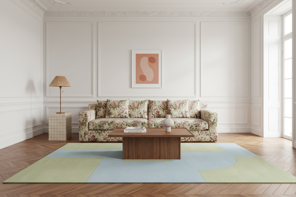 Living room with floral sofa, coffee table, contemporary knotted rug and abstract art on a white wall.