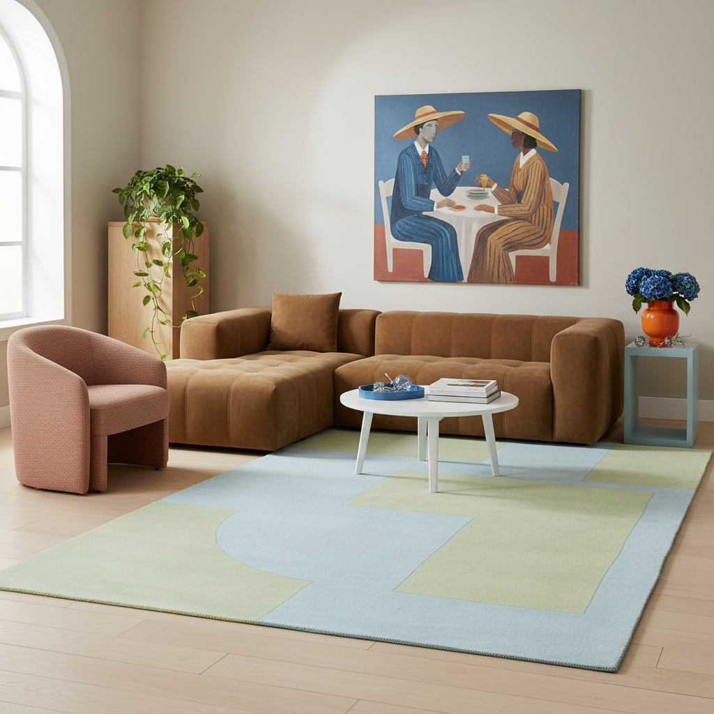 A styled living room scene featuring a large brown sectional sofa, a matching accent chair, a light blue and pale green area rug, a white coffee table, and a colorful framed painting on the wall.