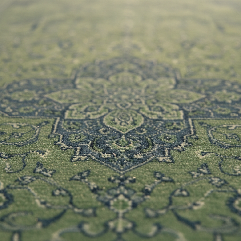 A close-up view of a green area rug with a traditional medallion pattern in dark blue-gray and beige tones, shown in a shallow depth of field.