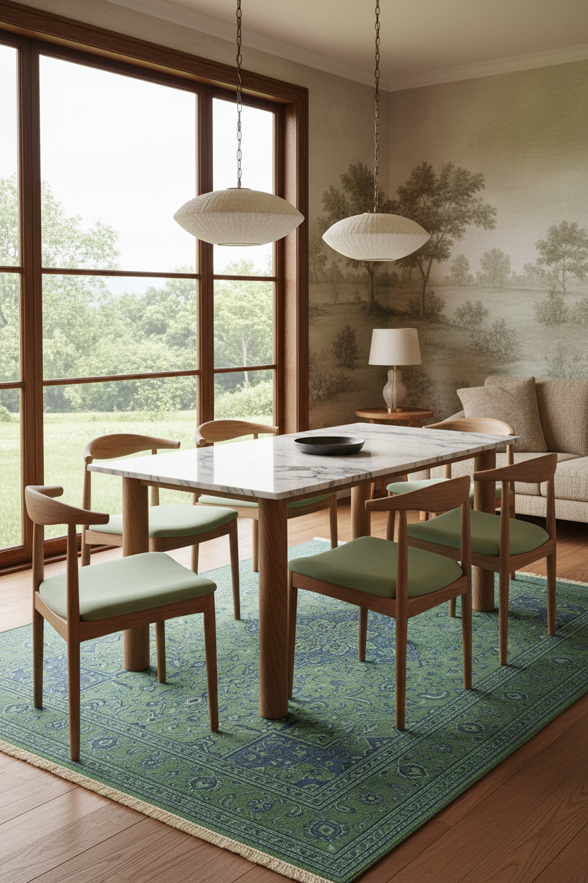A mid-century modern dining room setup featuring a rectangular marble-top dining table with six wooden chairs that have sage green cushions, set on a patterned green and blue rug. The room has a large window looking out onto a green lawn, a beige sofa in the background, and a tree-patterned wallpaper.
