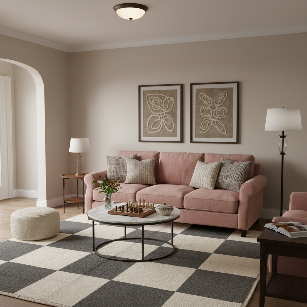 A styled living room featuring a dusty pink sofa with neutral throw pillows, set on a large black and white checkered rug. The room has warm beige walls, two framed abstract prints, a white round coffee table, and a black floor lamp.