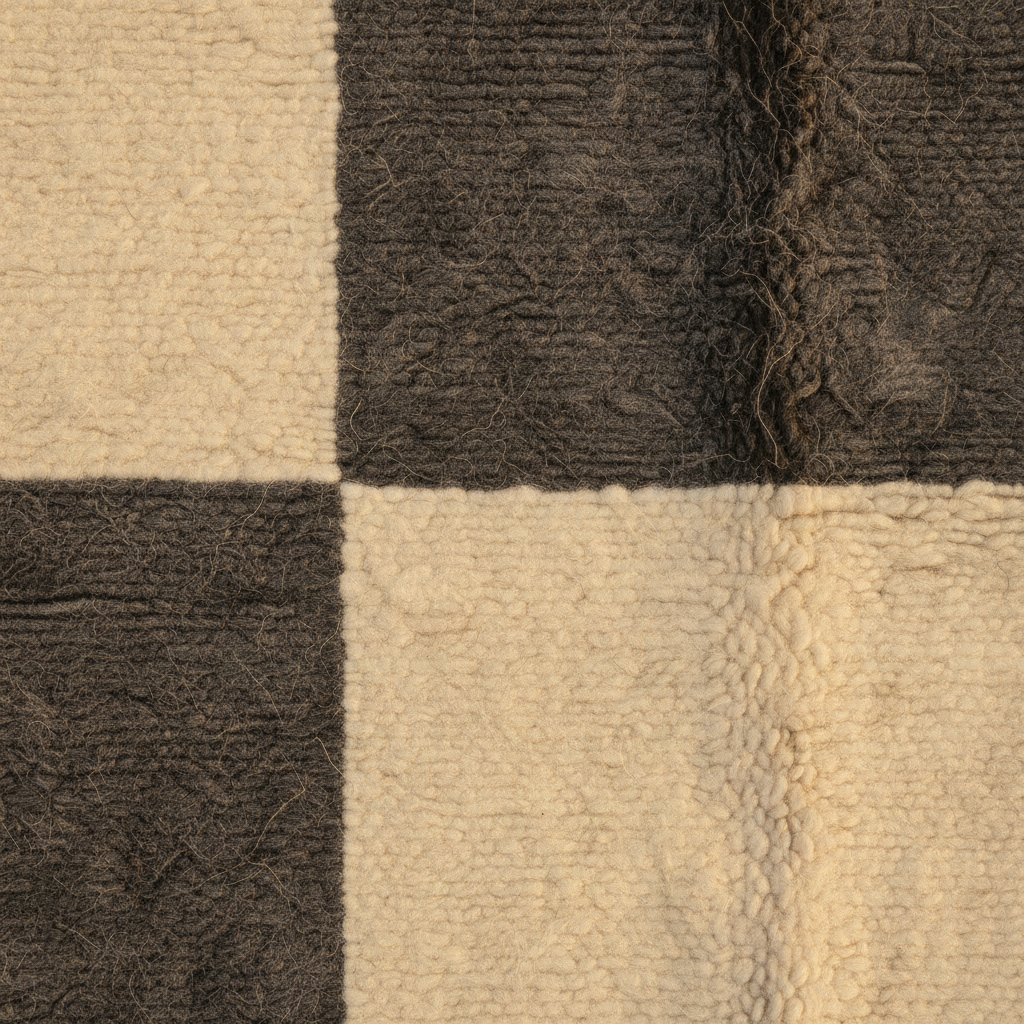 Close-up of a checkered textile pattern with alternating cream and dark charcoal woven squares, showing the texture of the fabric.