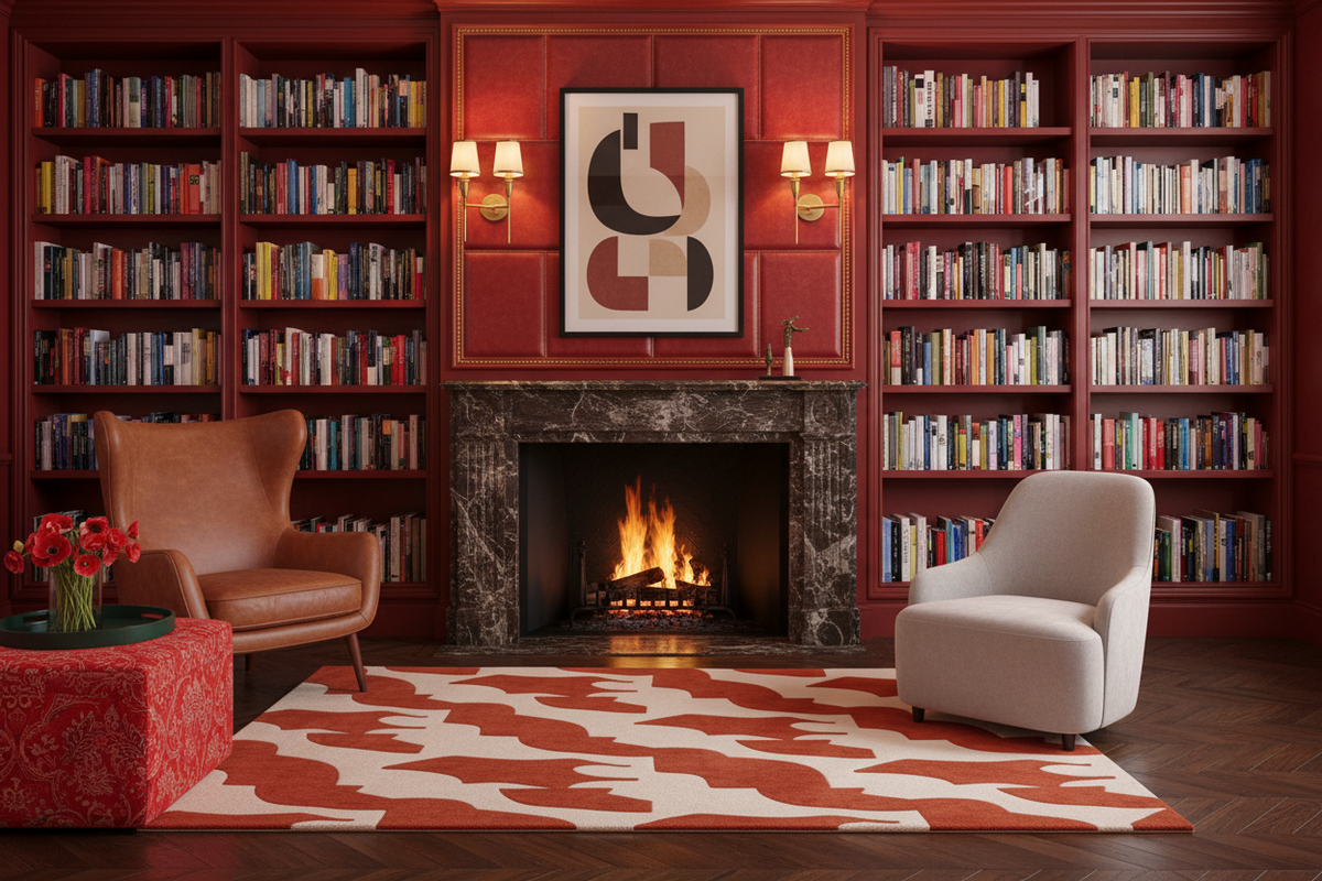 Cozy living room with bookshelves, red rug, fireplace, and armchairs.