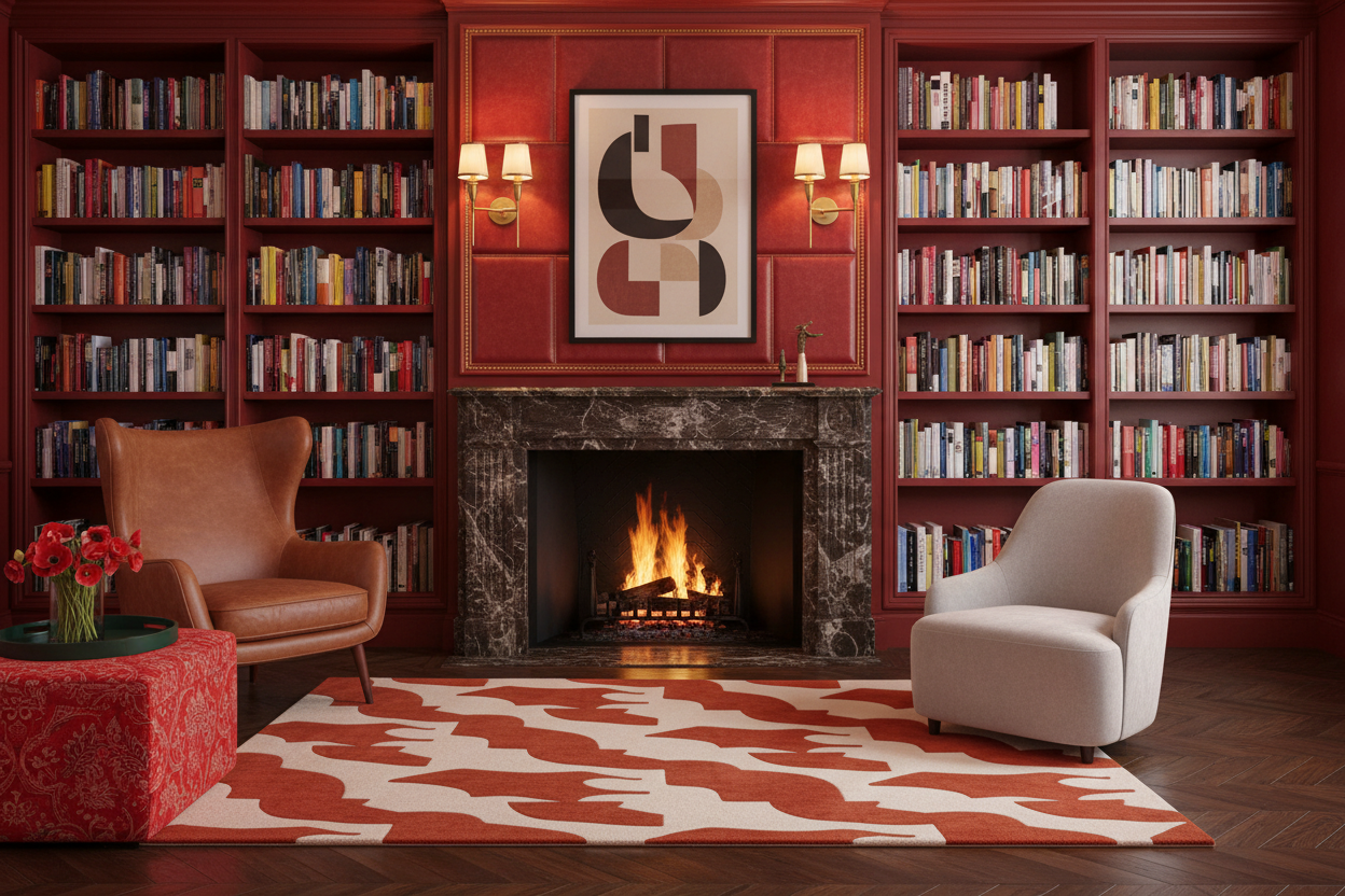 Cozy living room with bookshelves, red rug, fireplace, and armchairs.