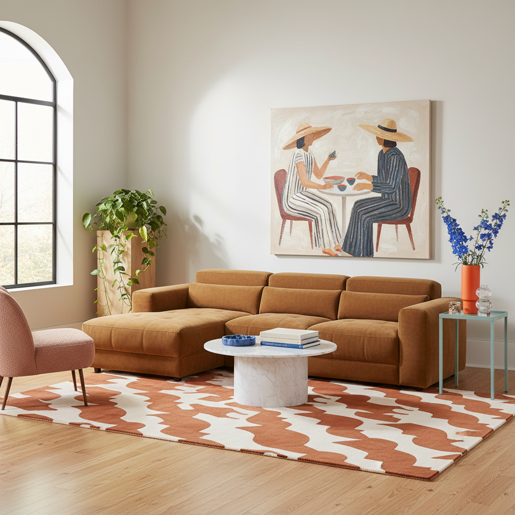 A styled living room featuring a large rust-brown sectional sofa as the main product, placed on a patterned rug with a marble coffee table, a pink armchair, plants, and wall art in a bright neutral interior.