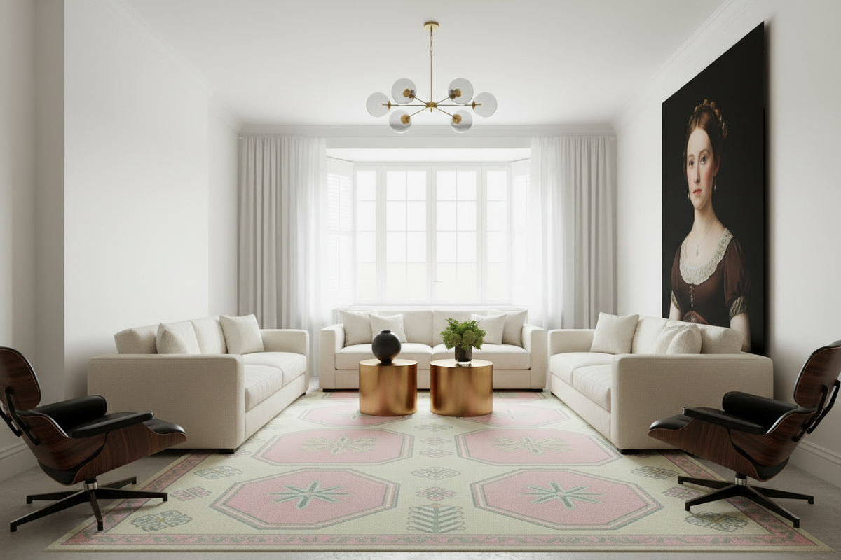 Modern living room with Eames chairs, a large Hand Tufted wool Rug rug, and a large portrait on the wall.