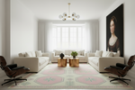 Modern living room with Eames chairs, a large Hand Tufted wool Rug rug, and a large portrait on the wall.