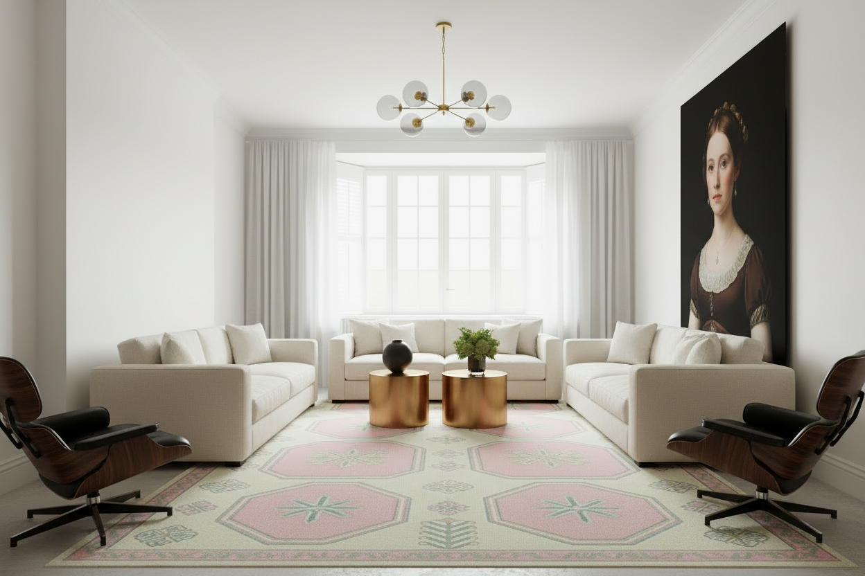 Modern living room with Eames chairs, a large Hand Tufted wool Rug rug, and a large portrait on the wall.