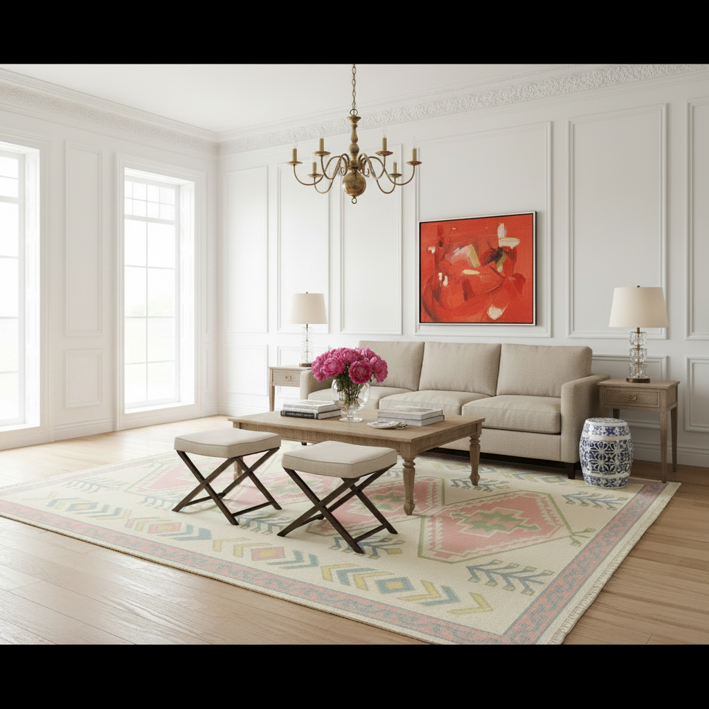 A styled living room interior with a beige sofa, wooden coffee table, two matching ottomans, patterned area rug, lamps, and a large red abstract wall art piece above the couch.