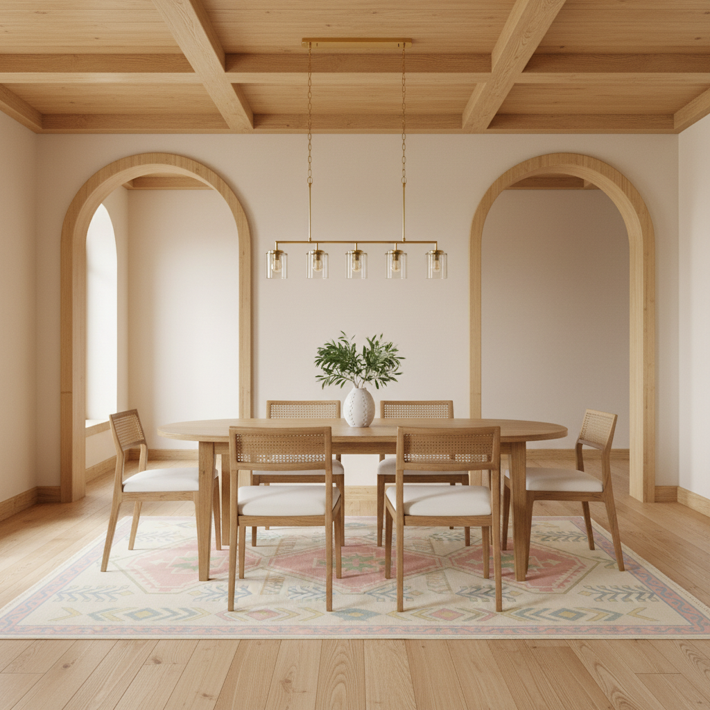 A modern dining room featuring a light oak wood dining table and six matching chairs with woven cane backs and white upholstered seats, arranged on a patterned rug under a linear glass chandelier.