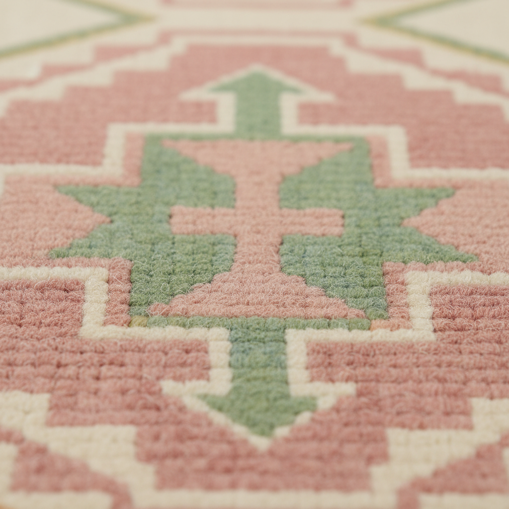 Close-up of a textured rug with a geometric pattern in dusty pink, sage green, and cream.