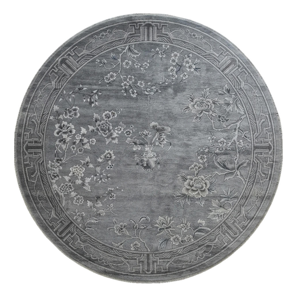 Silver Blossom Moon Round Hand Knotted Rug