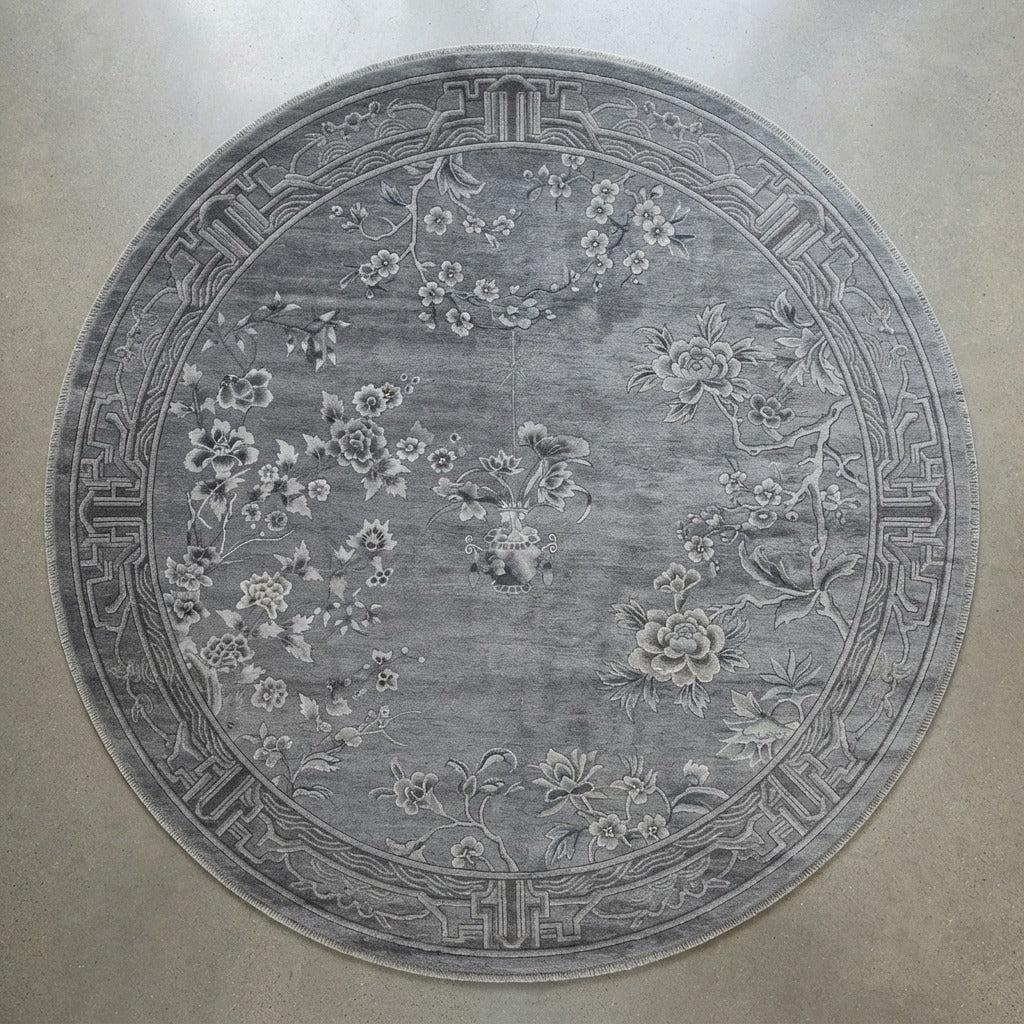 Silver Blossom Moon Round Hand Knotted Rug - studio photo