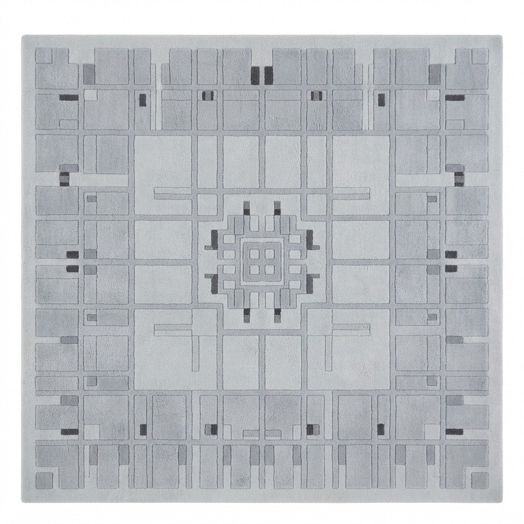 Silver Grid Mosaic Square Hand Tufted Wool Rug - studio photo