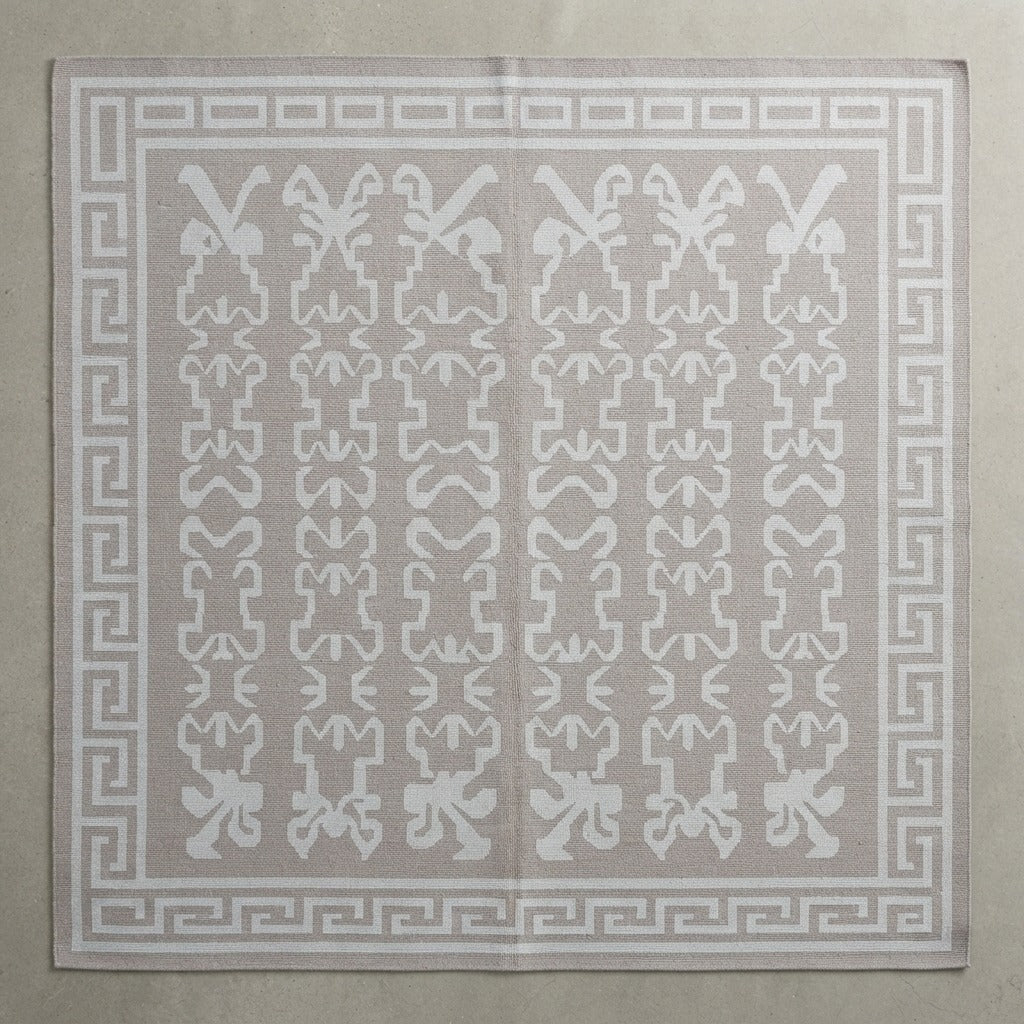 Silver Meander Folklore Flatweave Cotton Dhurrie Rug - studio photo