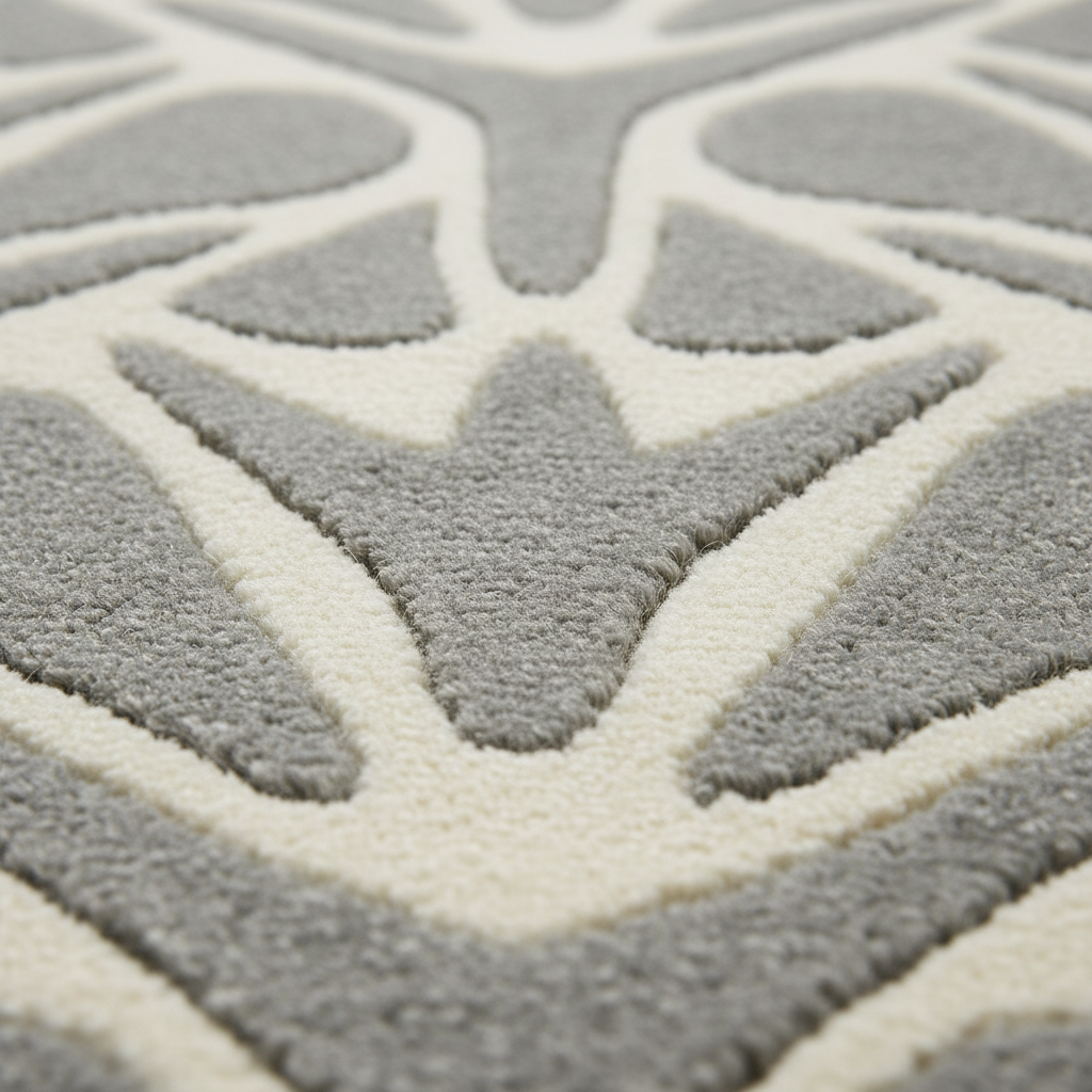 Close-up of a plush area rug with a raised geometric pattern in light gray and off-white.