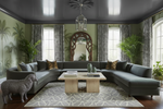 Modern living room with a gray rug,  sectional sofa, wooden coffee table, and decorative elements.