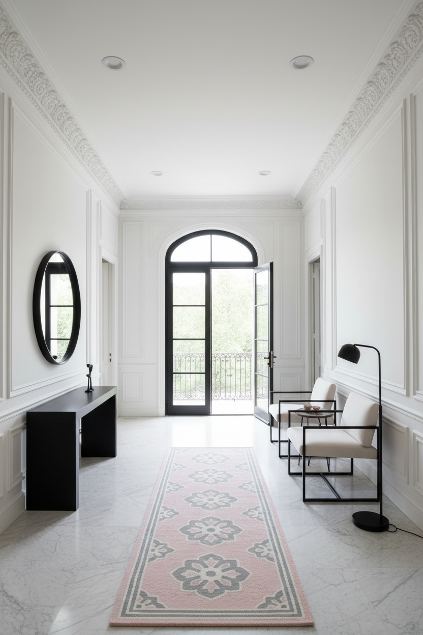 floral rug runner in contemporary white hallway with chairs