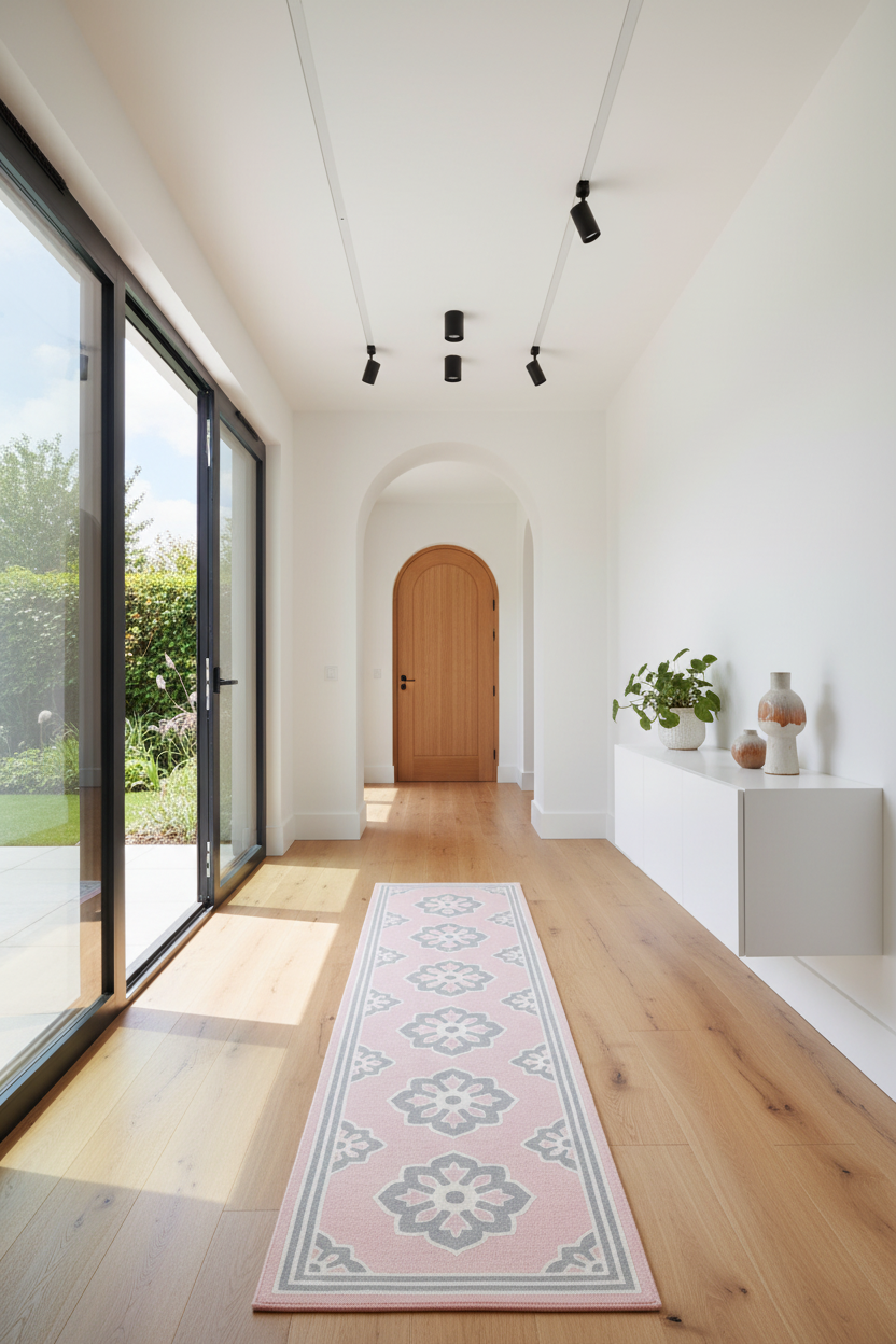 floral pink rug runner in hallway