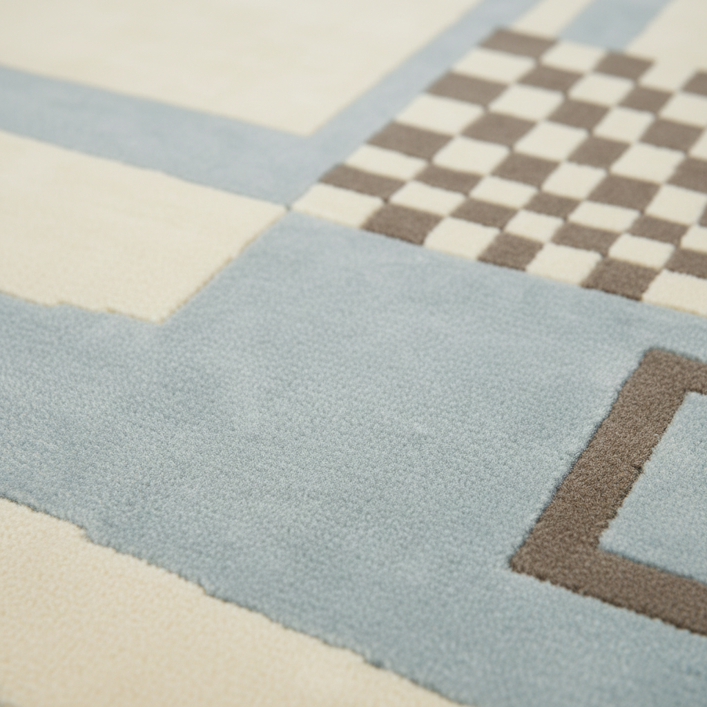 Close-up of a textured area rug with a geometric pattern featuring a large light blue block, cream sections, and a brown-and-cream checkerboard motif.