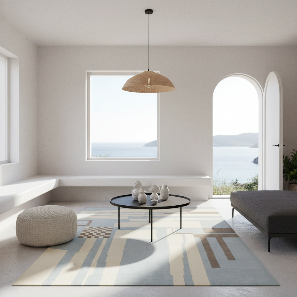 A modern living room interior with a light blue and beige striped area rug, a round black coffee table, a woven pouf, and a pendant light, overlooking a sea view through arched and rectangular windows.
