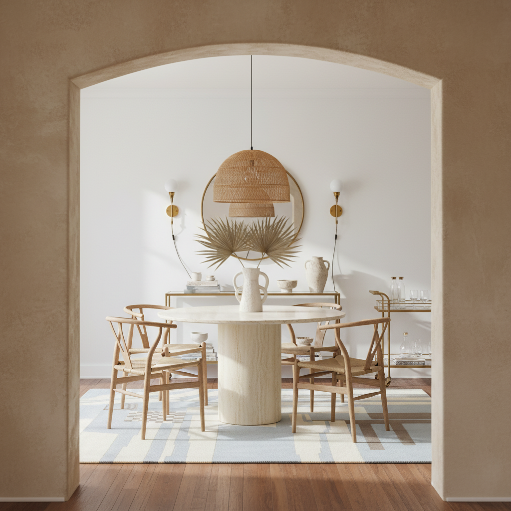 Dining room with a round table and chairs, gray handmade rug, featuring a textured wall and pendant light.