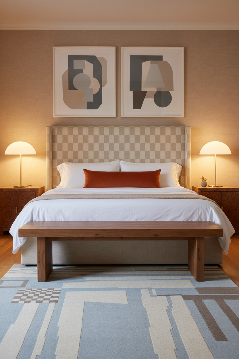 A styled bedroom scene featuring a bed with white bedding, a wooden bench, two bedside tables with lit lamps, abstract wall art above the headboard, and a geometric area rug on the floor.