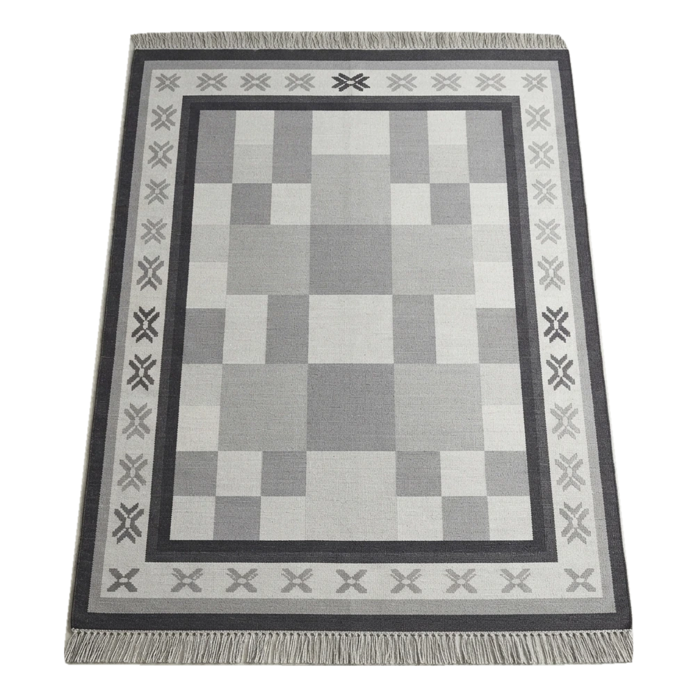 Slate Checkerboard Frame Flatweave Cotton Dhurrie Rug