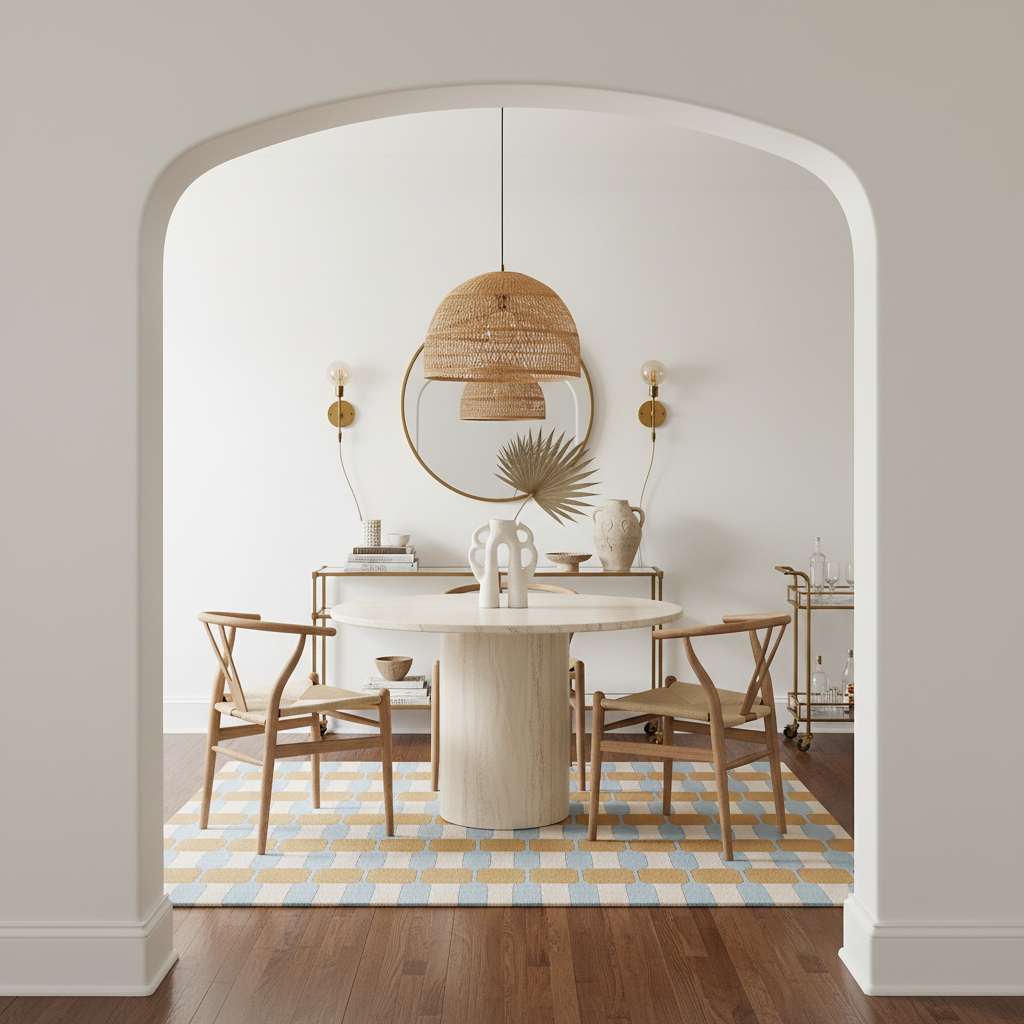 Dining room with a round table, handmade geometric blue rug, chairs, and decorative elements.