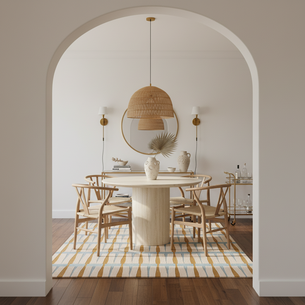 Dining room with a round table, geometric rug, chairs, and decorative elements.