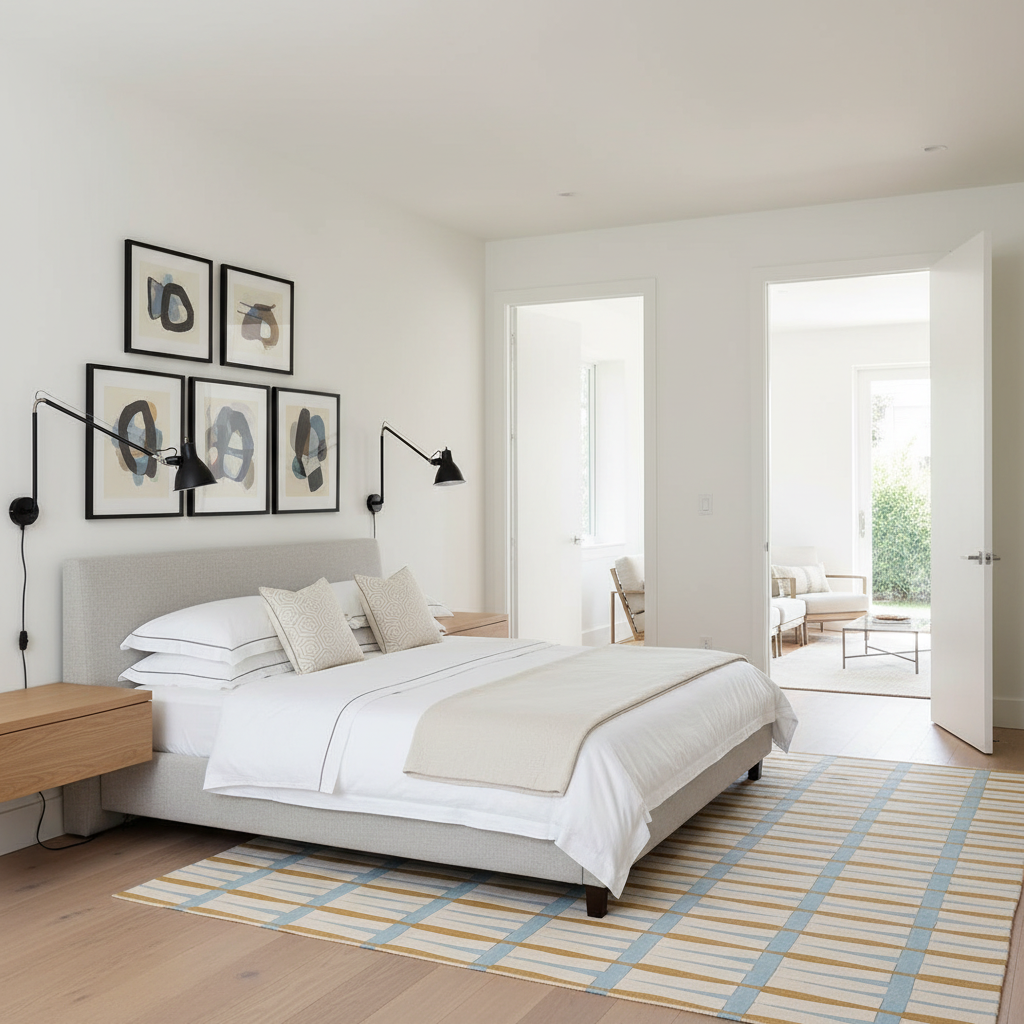 A modern bedroom featuring a light gray upholstered bed with white bedding, a beige throw blanket, and a striped blue, yellow, and white rug on a light wood floor. The wall above the bed has four black-framed abstract prints.