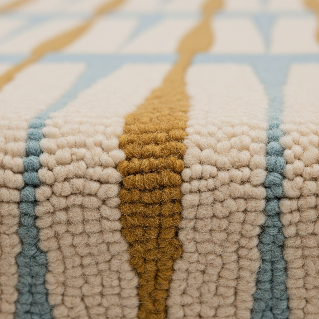 Close-up of a textured woven rug with a geometric pattern in cream, mustard yellow, and light blue.