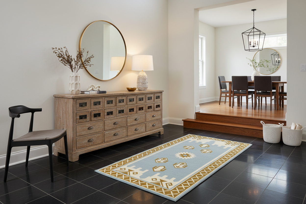 Living room with blue tribal rug, wooden dresser, mirror, and rug