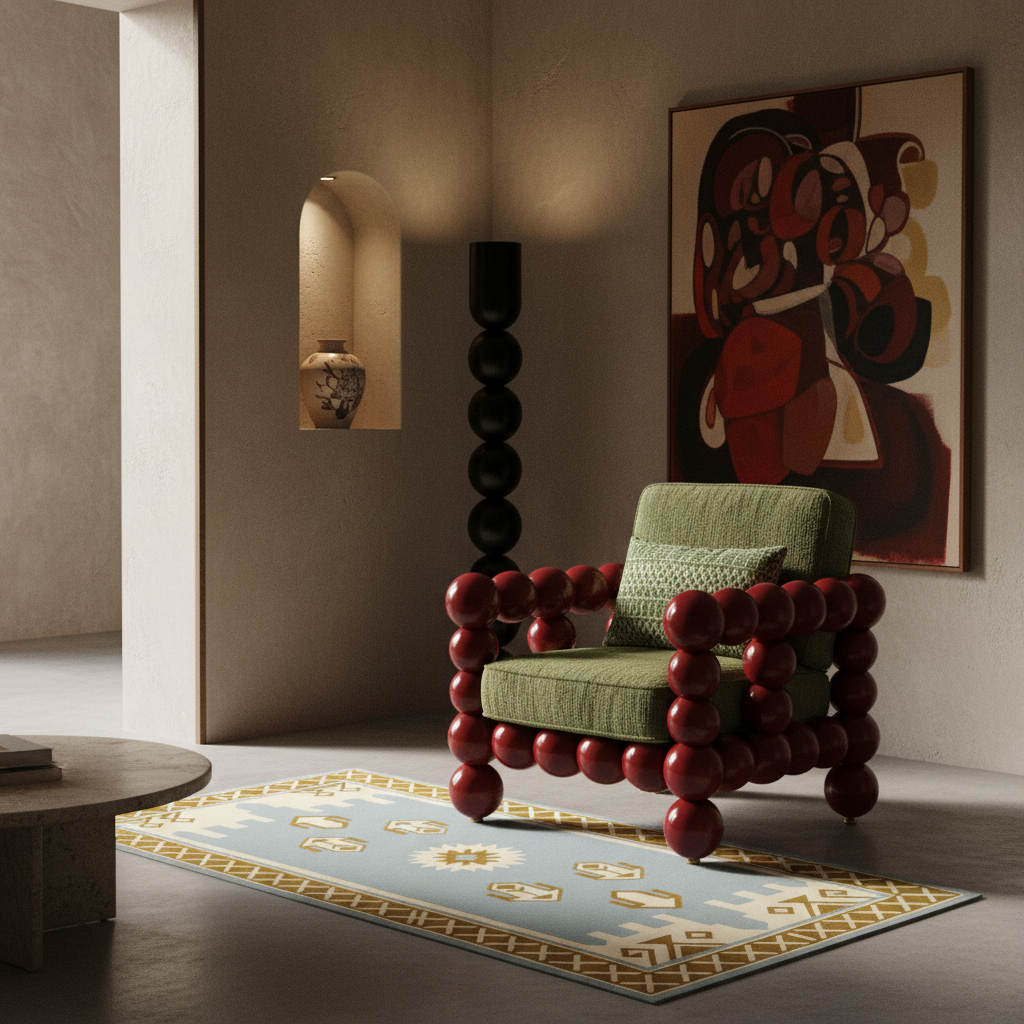 A modern upholstered armchair with a green fabric seat and back, surrounded by a frame made of glossy red spherical elements, styled in a minimalist, warm-toned interior next to a patterned rug and abstract wall art.