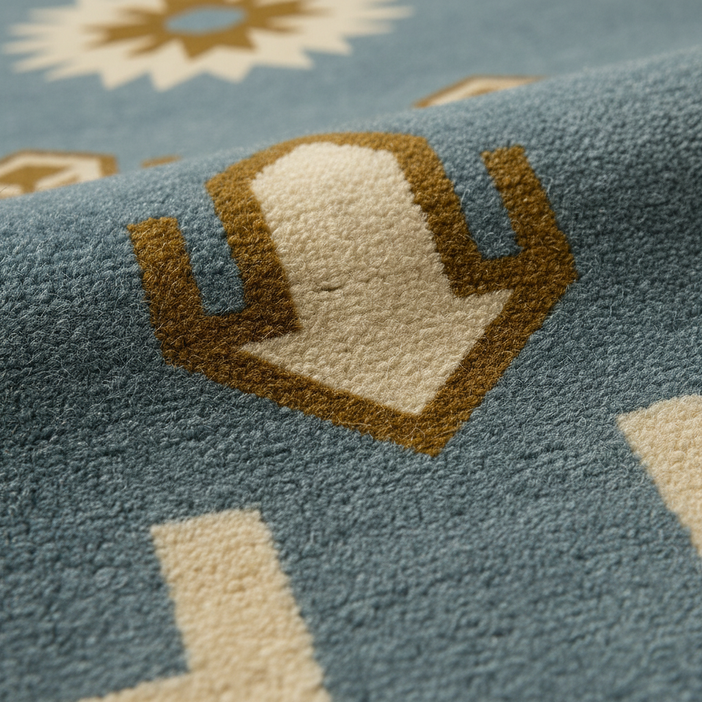 Close-up of a textured area rug featuring a geometric cactus motif in tan and cream on a dusty blue background.