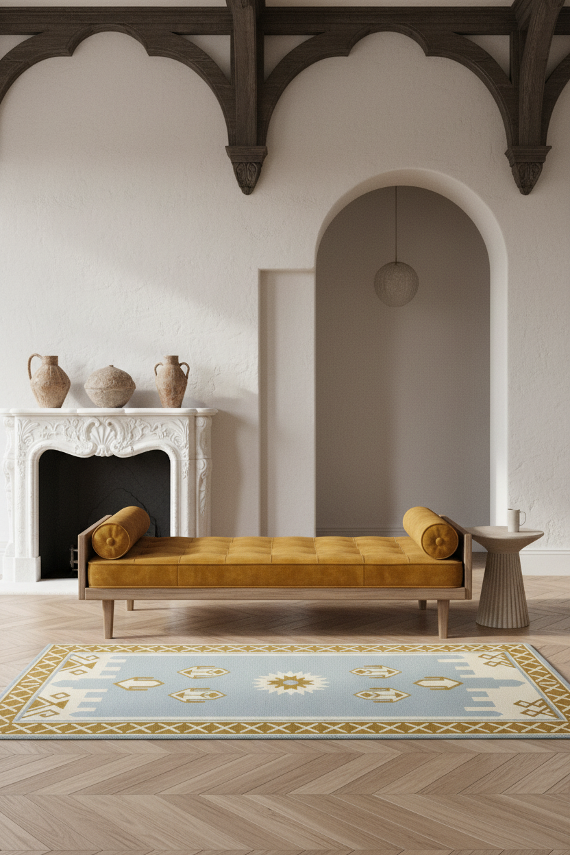 A styled interior scene showing a mustard yellow tufted daybed with cylindrical pillows on a patterned rug, set in a room with a white fireplace, arched doorway, wood ceiling beams, and a small side table.