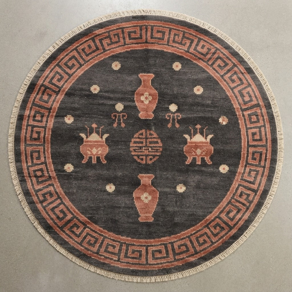 Smoky Coral Urns Round Hand Knotted Rug - studio photo