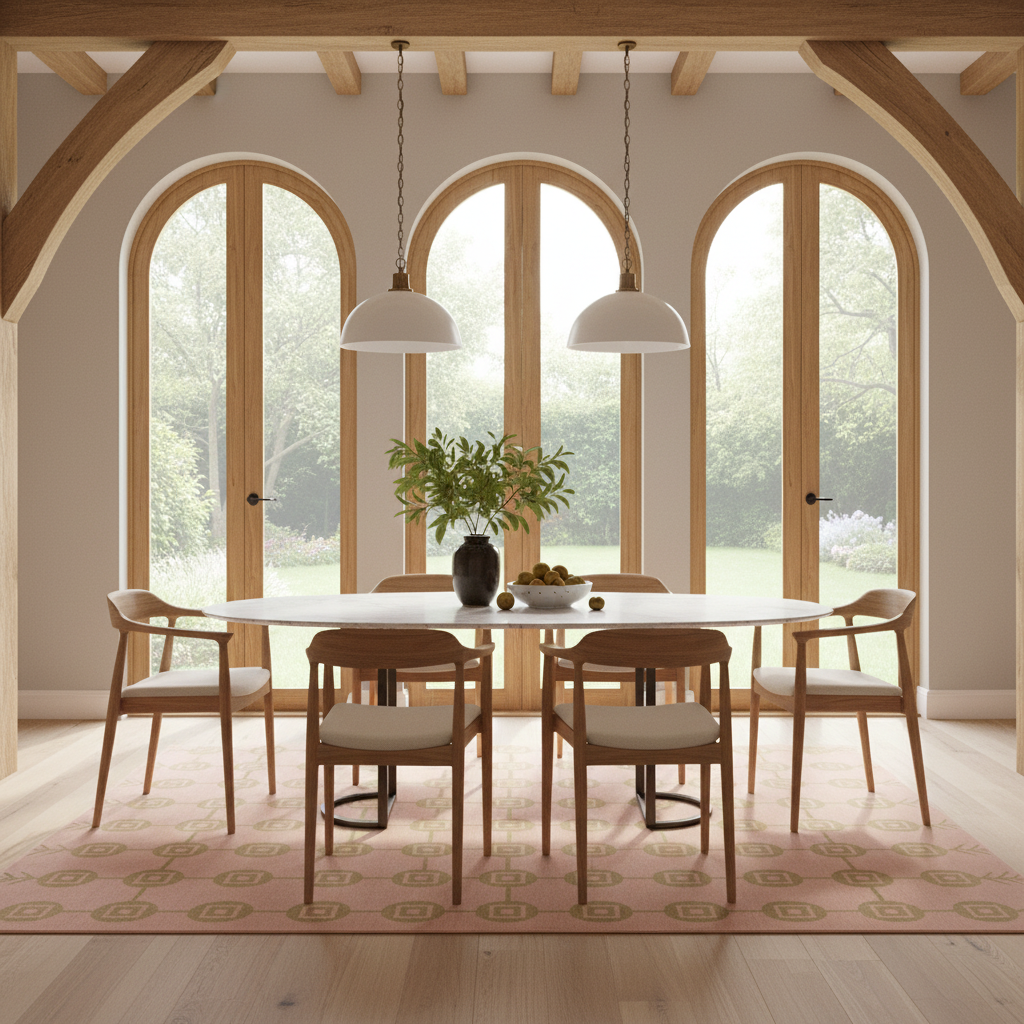 A dining room scene with a round white dining table surrounded by six mid-century style wooden chairs with beige cushions. The room features large arched windows looking out to greenery, a pink patterned rug, and a vase of green leaves on the table.