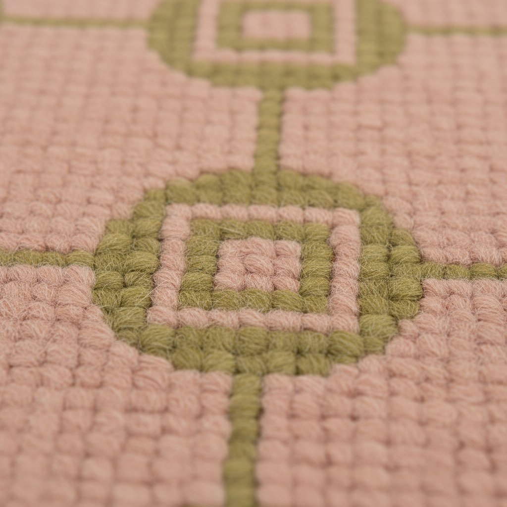 Close-up of a textured woven rug with a geometric pattern in sage green on a dusty pink background.