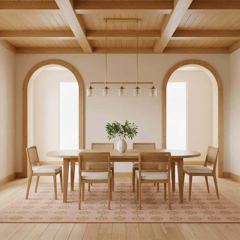 A styled dining room scene featuring a round wooden dining table with six matching wooden chairs that have woven cane backs and light beige upholstered seats. The dining set is arranged on a pink patterned area rug with a vase of green leaves in the center. The room has a warm aesthetic with a light wood ceiling, arched windows, and a modern linear chandelier.