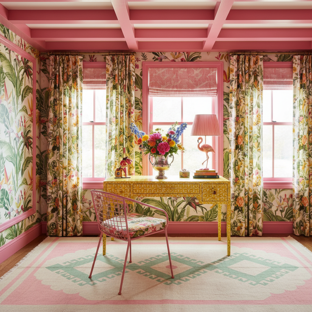 A vibrant interior room featuring a yellow patterned desk, a pink metal chair, and matching pink and multicolor floral wallpaper and curtains. The room is decorated with a pink lamp, a floral vase, and a geometric pink and green rug.