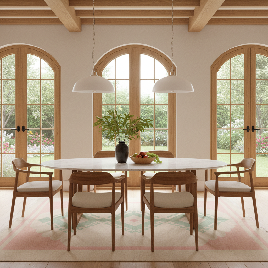 A dining room scene with a round white table and six wooden chairs with cream cushions, arranged on a pink patterned rug. Two white pendant lights hang above, and large arched glass doors with wood frames look out onto a garden. A black vase with a green plant and a bowl of fruit sit on the table.