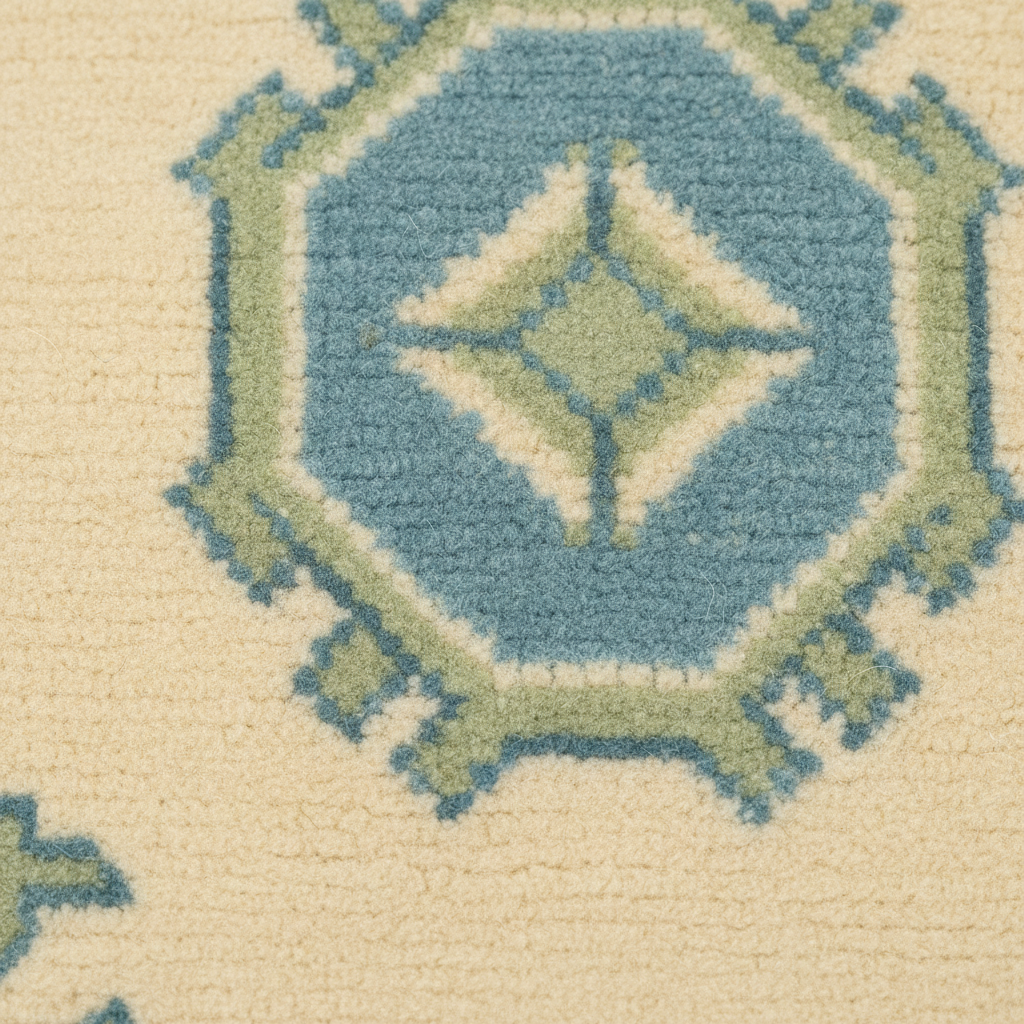 Close-up of a textured rug with a geometric medallion pattern in light blue, sage green, and cream.