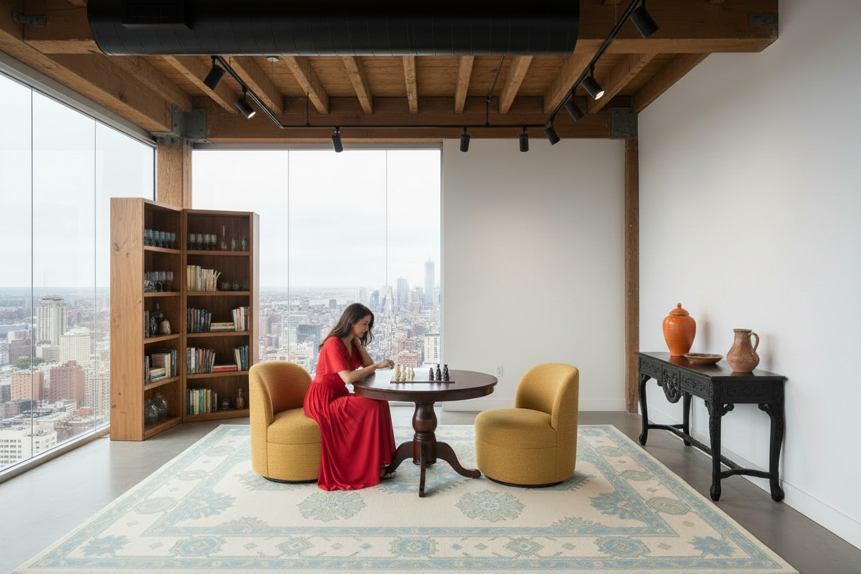 Woman in a red dress sitting at a table on a vintage inspired blue rug, with a cityscape view from a high-rise window