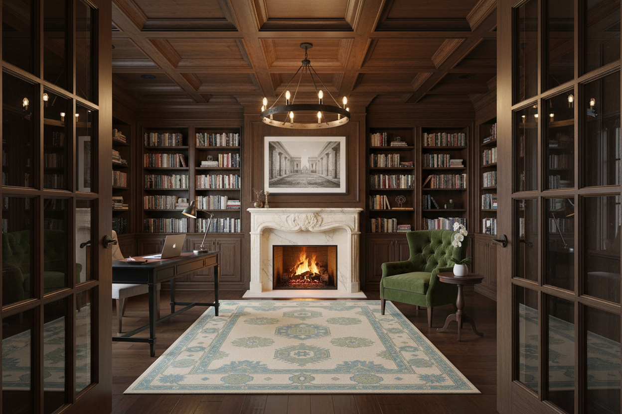 Cozy library with fireplace, bookshelves, and a rug.